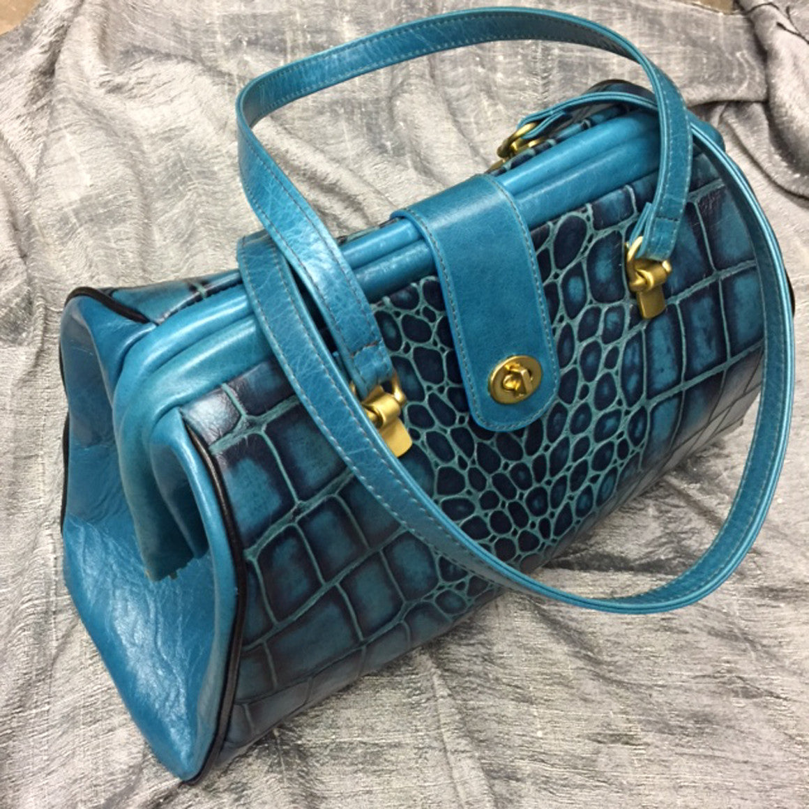 Italian Genuine Leather Croc Embossed Satchel Handbag Dark Blue